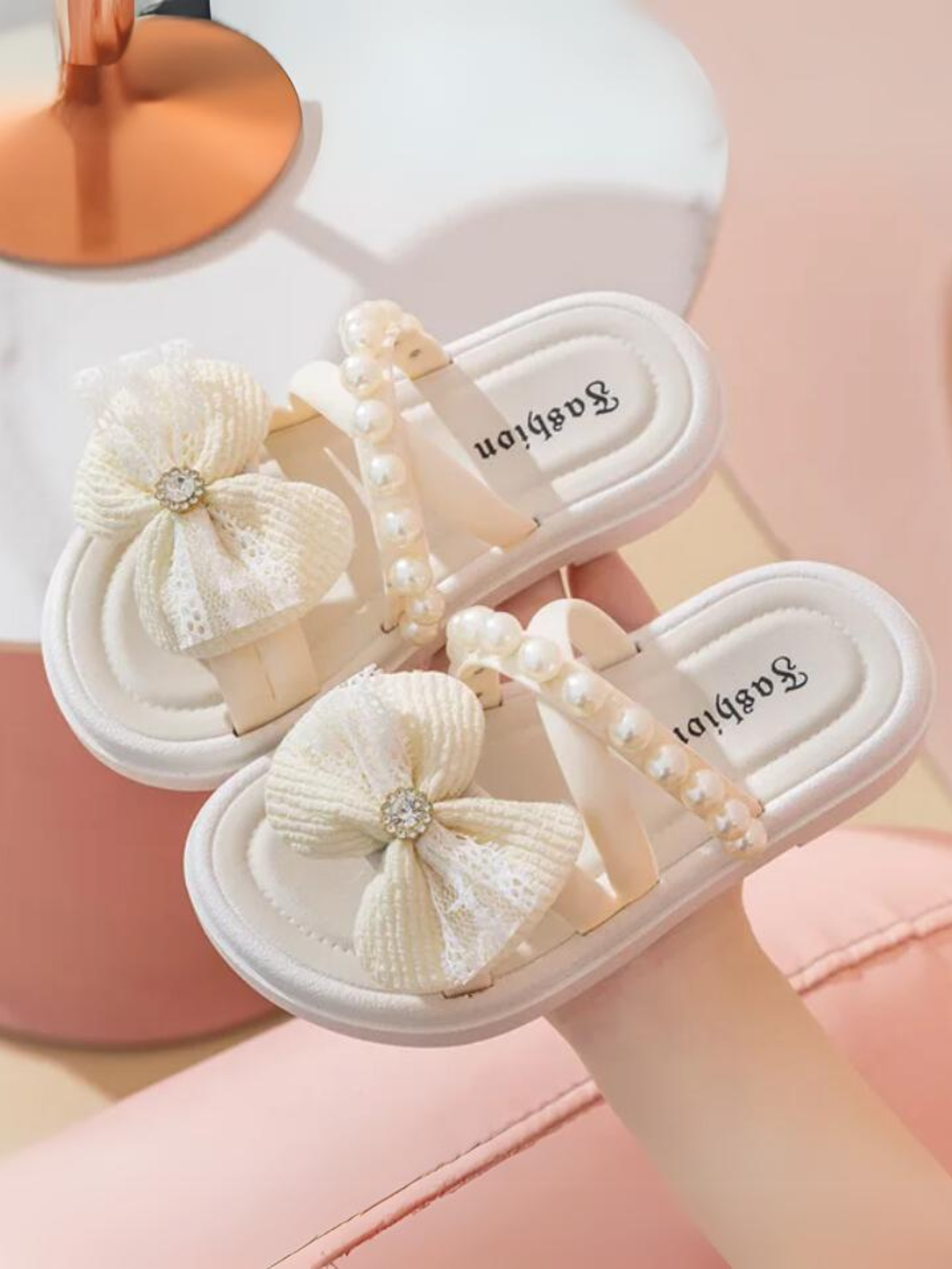 Summer Sparkle Kids' Slide Sandals with Pearl and Bow Accents