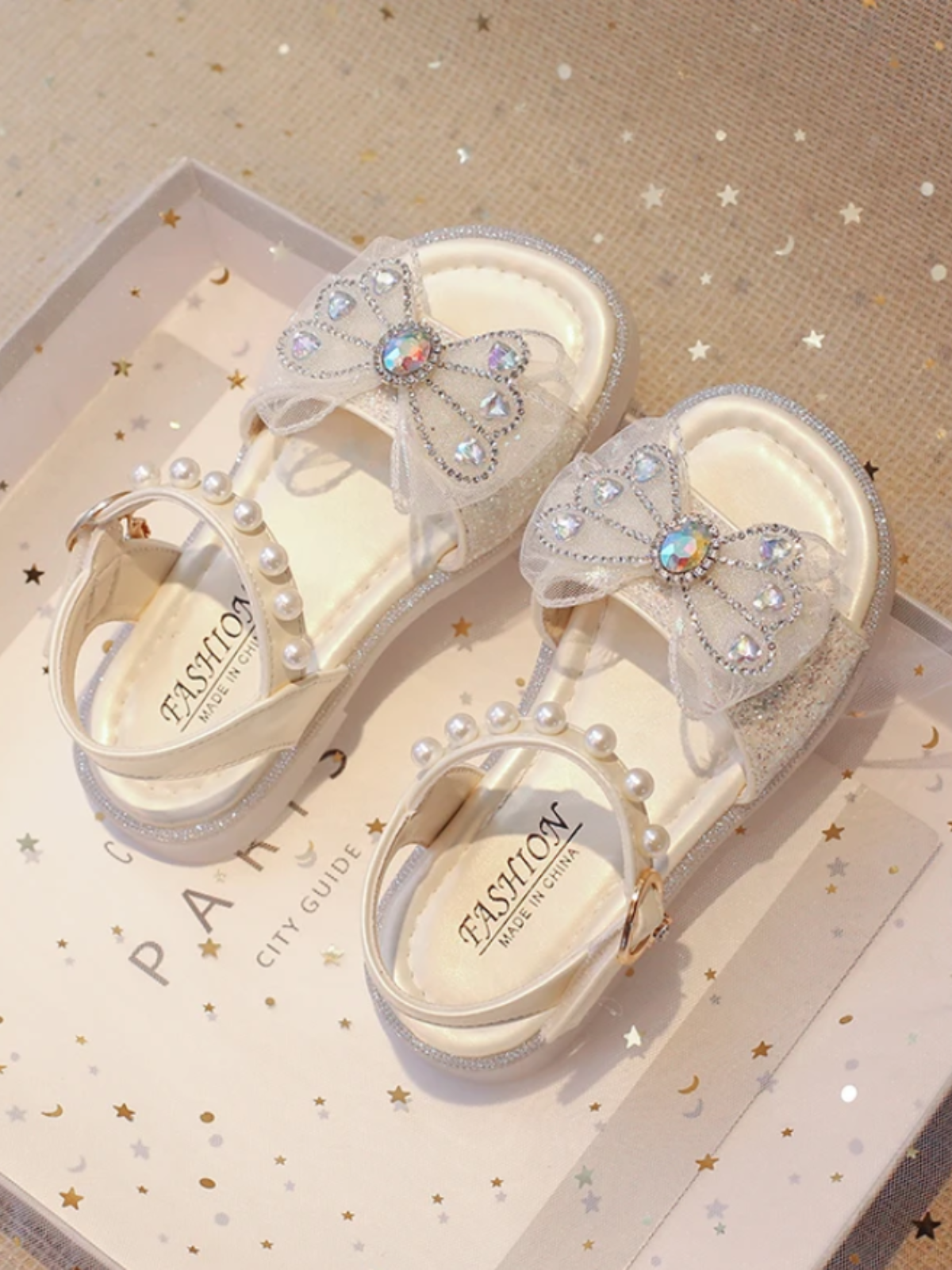 Elegant Girls' Sparkly Butterfly Sandals with Pearl Ankle Strap