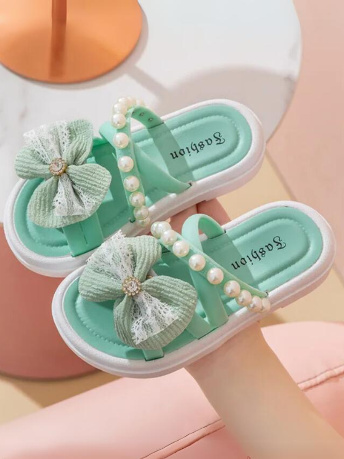Summer Sparkle Kids' Slide Sandals with Pearl and Bow Accents