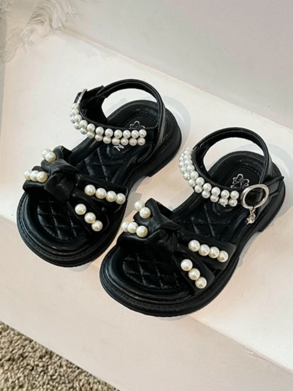 Luxe Pearl-Embellished Bow Sandals in Classic Black and Elegant Ivory