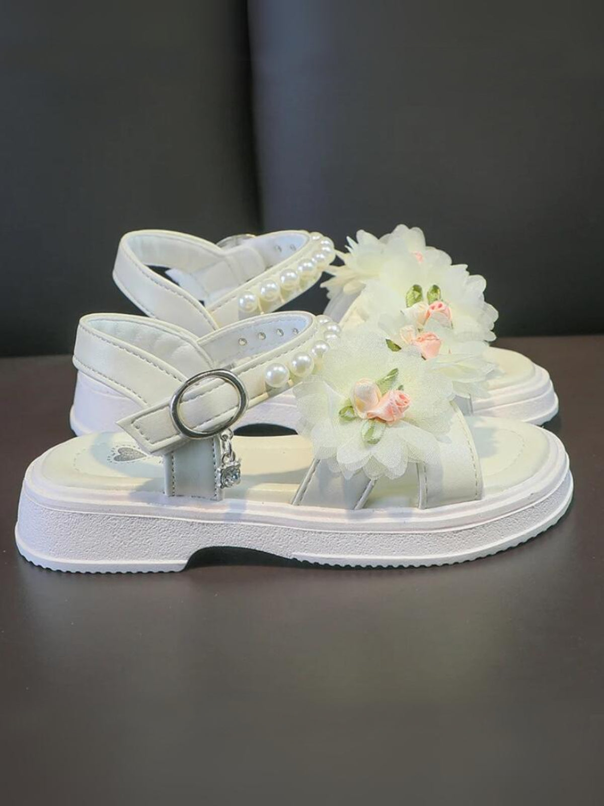 Charming Girls' Floral Sandals with Pearls