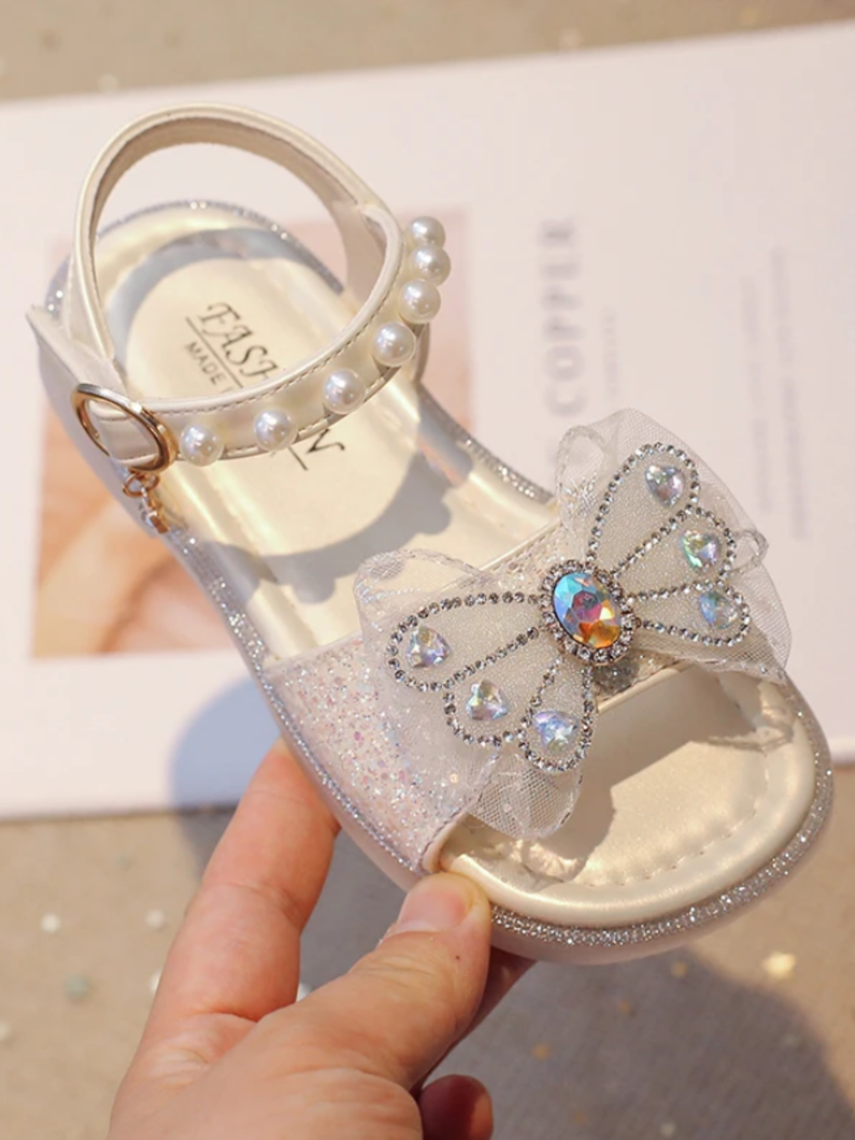 Elegant Girls' Sparkly Butterfly Sandals with Pearl Ankle Strap