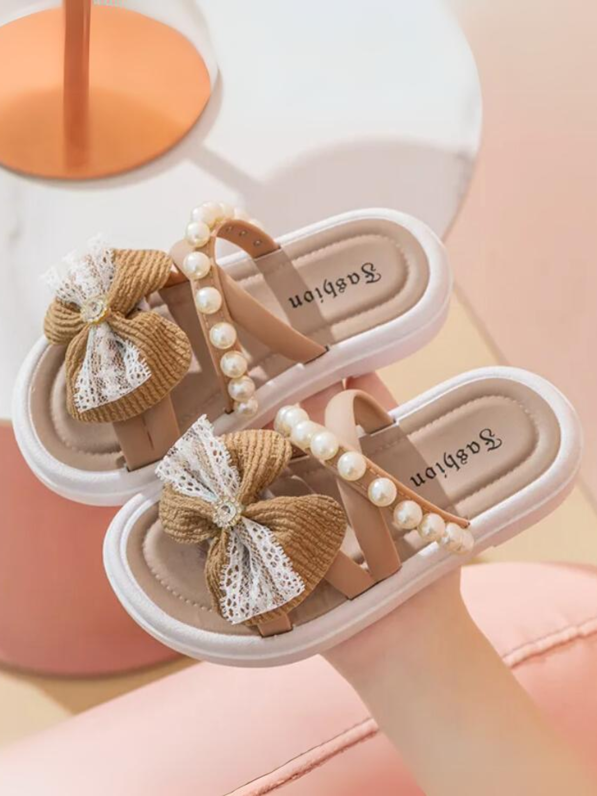 Summer Sparkle Kids' Slide Sandals with Pearl and Bow Accents