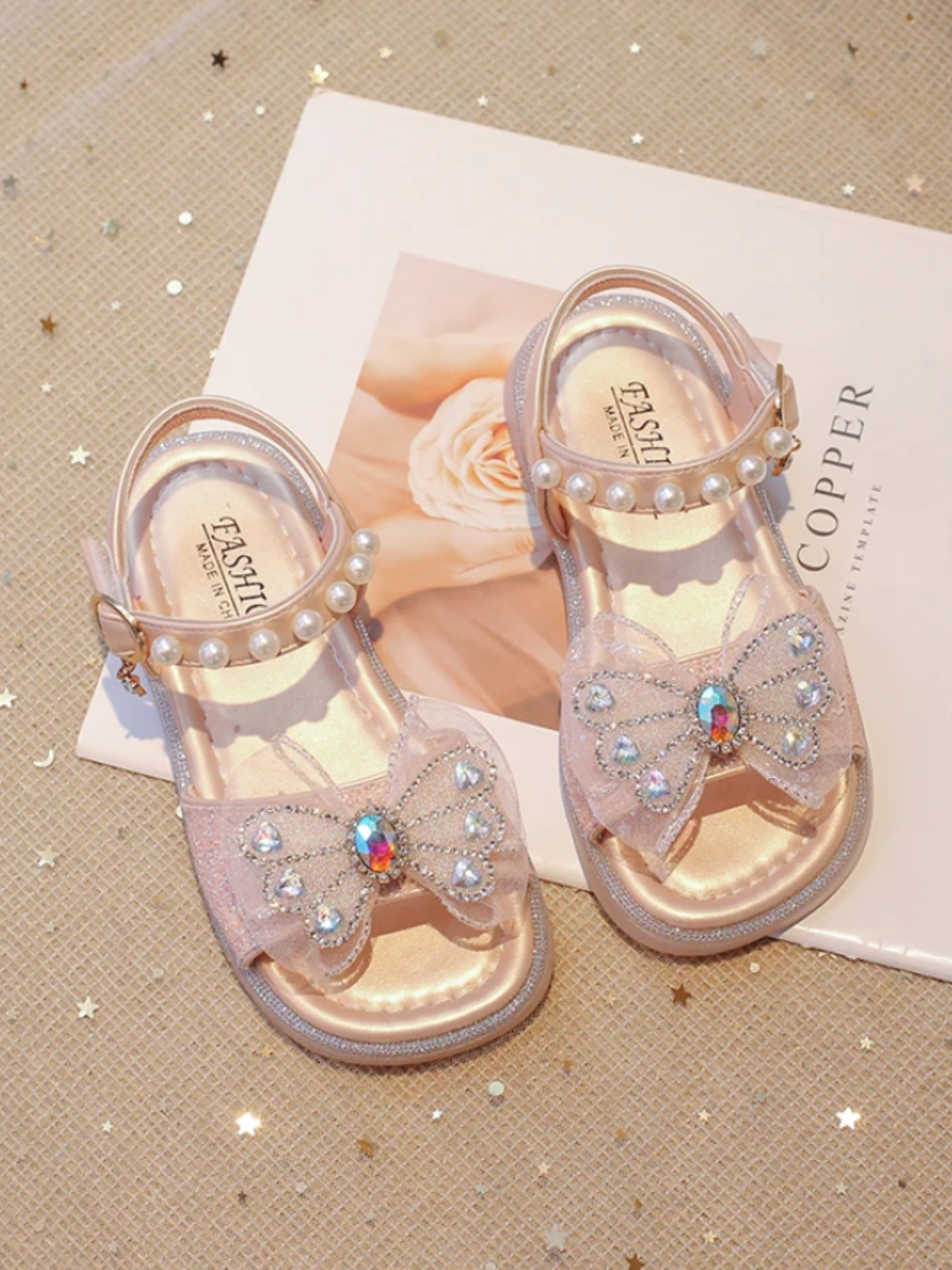 Elegant Girls' Sparkly Butterfly Sandals with Pearl Ankle Strap