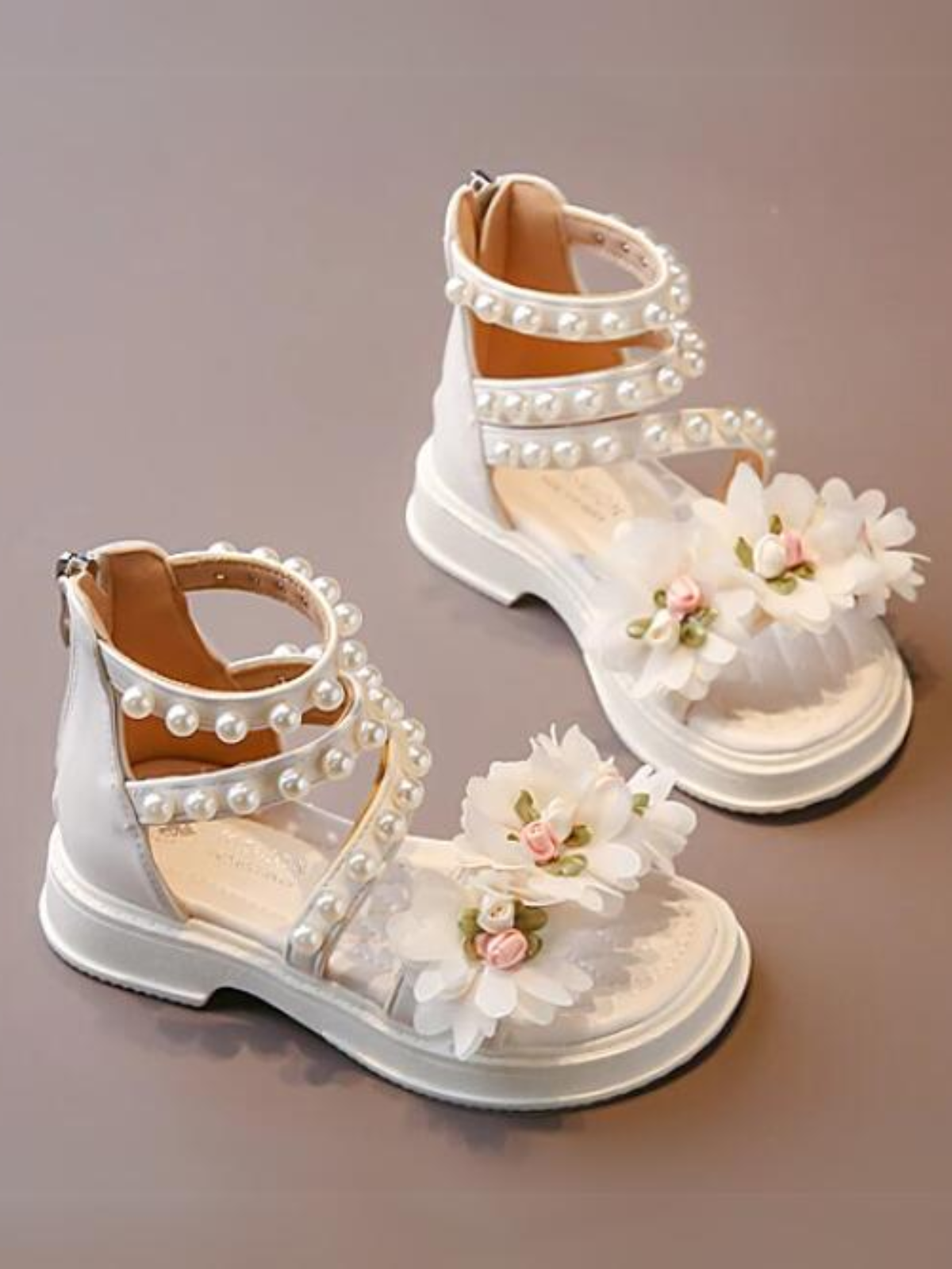 Charming Girls' Pearl-Embellished Floral Sandals
