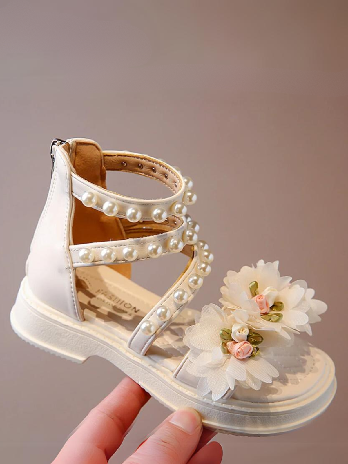 Charming Girls' Pearl-Embellished Floral Sandals