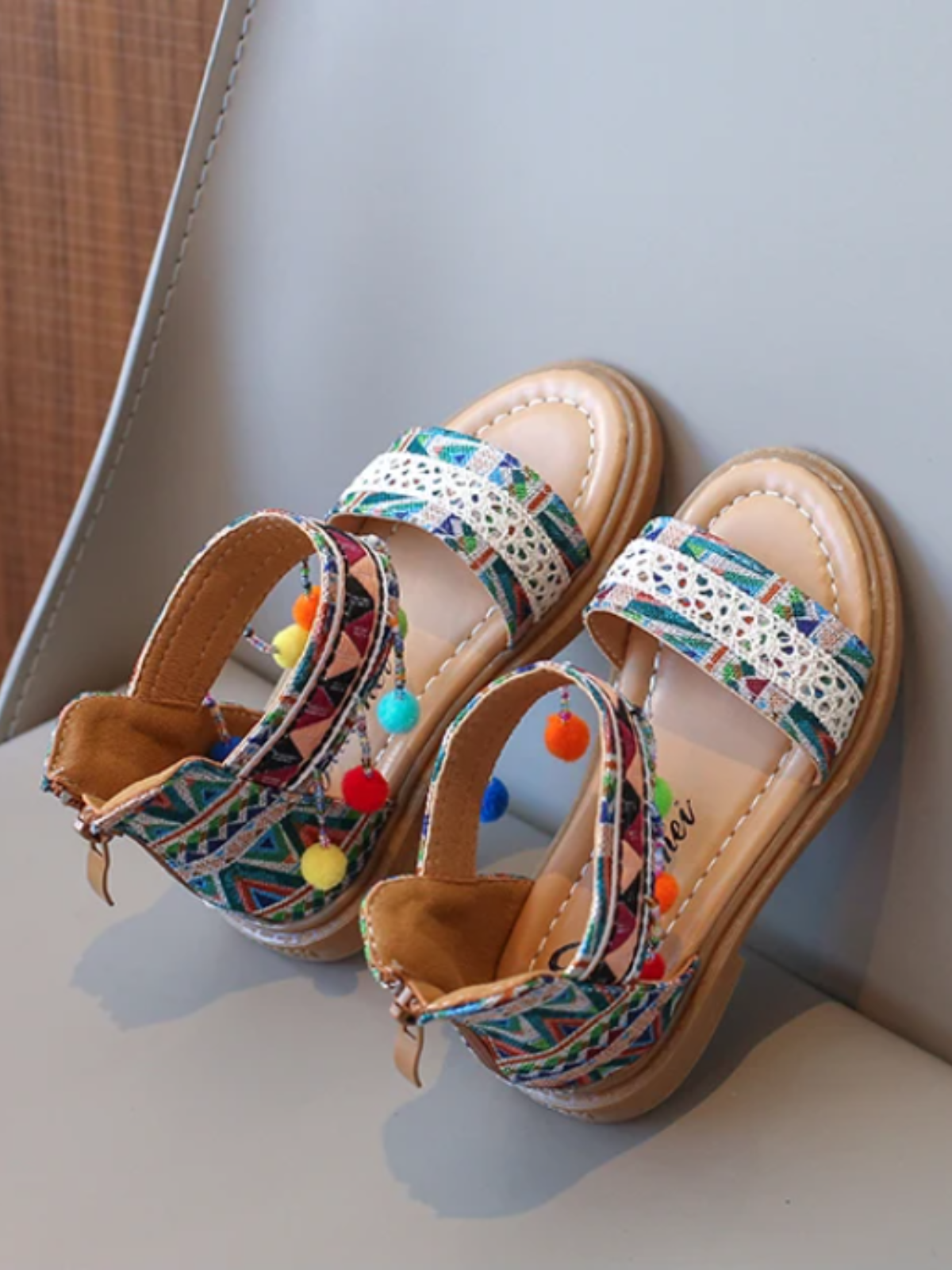 Girls' Boho Tribal Print Sandals with Pom-Poms