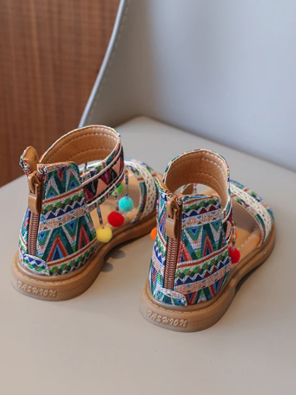Girls' Boho Tribal Print Sandals with Pom-Poms