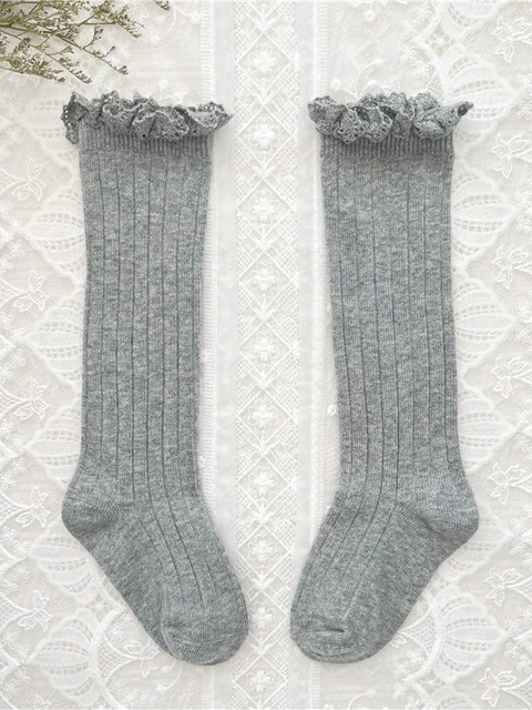 Little girls cable-knit ribbed knee-high socks with eyelet ruffle trim - Mia Belle Girls
