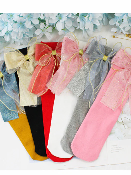 Little girls dressy cotton knee-high socks with a large sequin tulle bow trimmed in gold in back - Mia Belle Girls