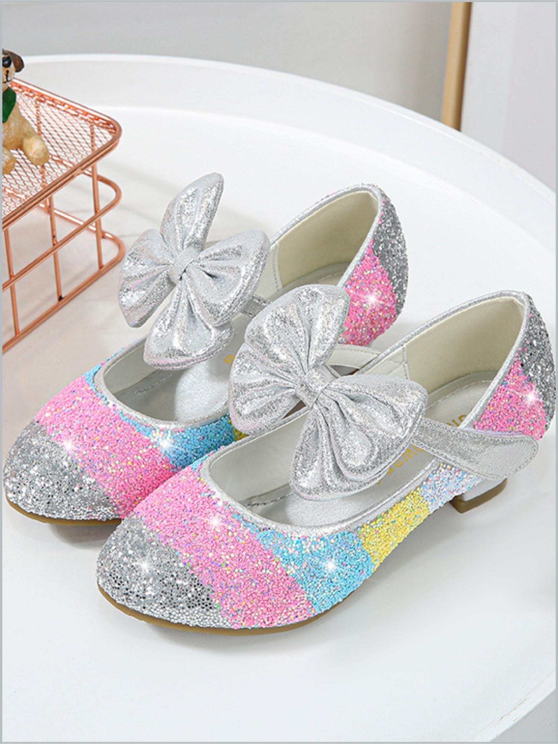 Girls Leather Glitter Heeled Bow Flats By Liv and Mia