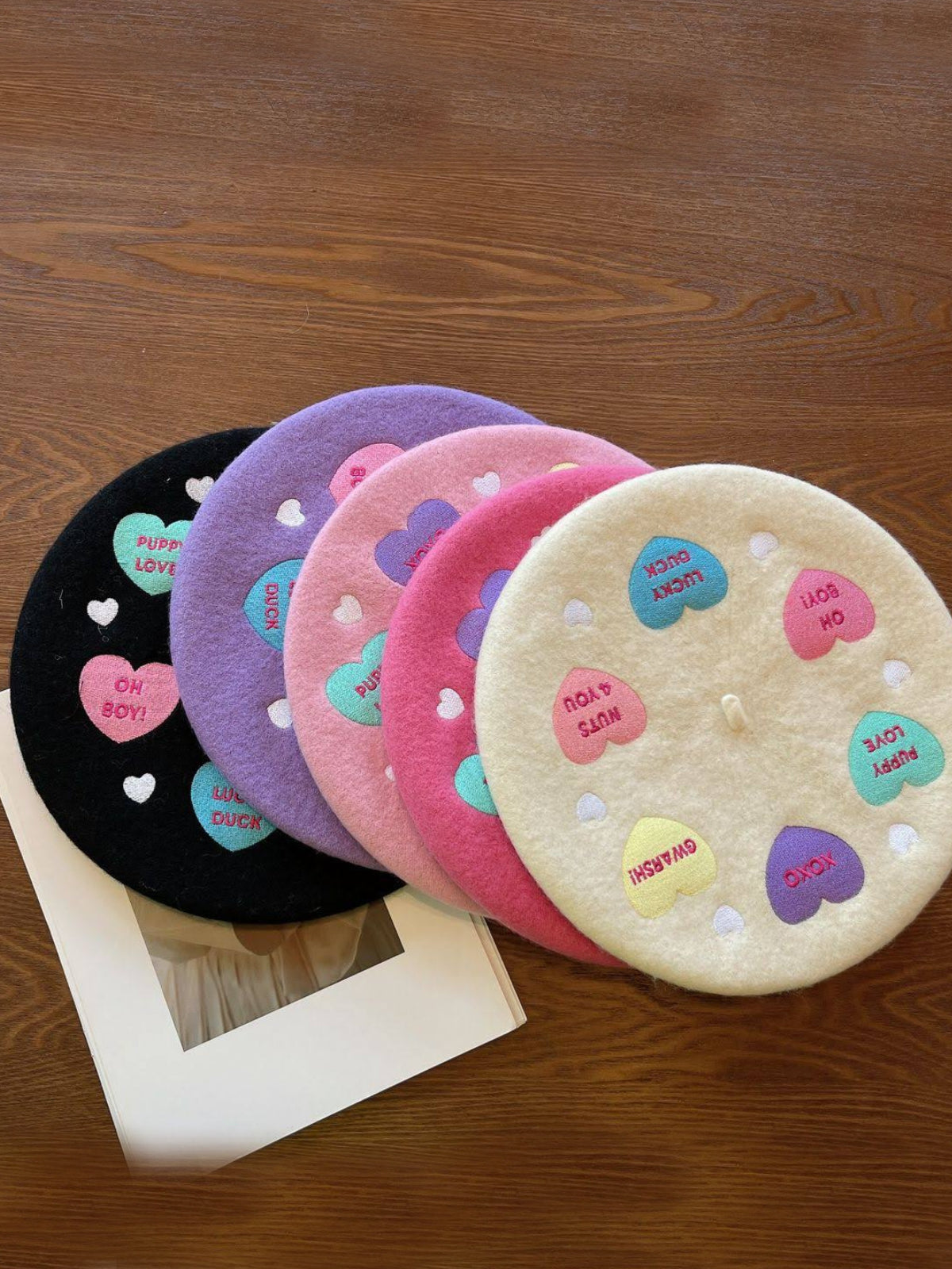 Mia Belle Girls Embroidered Hearts Felt Beret Hat | Girls Accessories