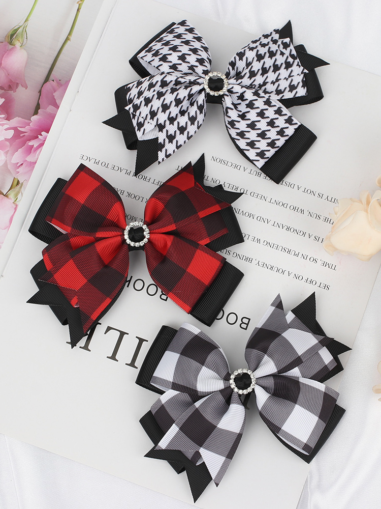 Girls Accessories | Preppy Plaid Bejeweled Bow Clips - Mia Belle Girls