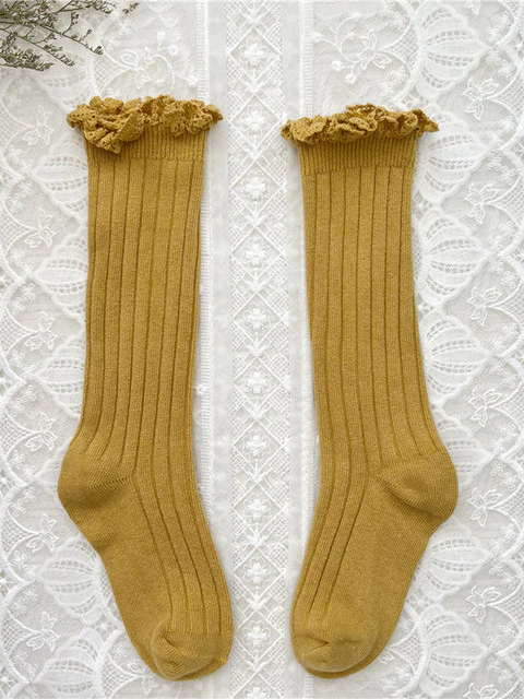 Little girls cable-knit ribbed knee-high socks with eyelet ruffle trim - Mia Belle Girls