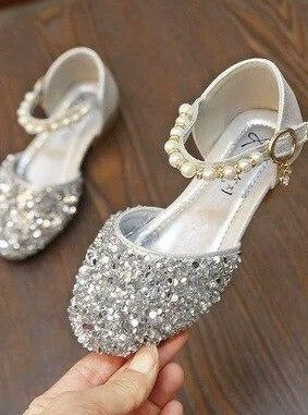 Girls Glitter Pearl Strap Dressy Flats Shoes