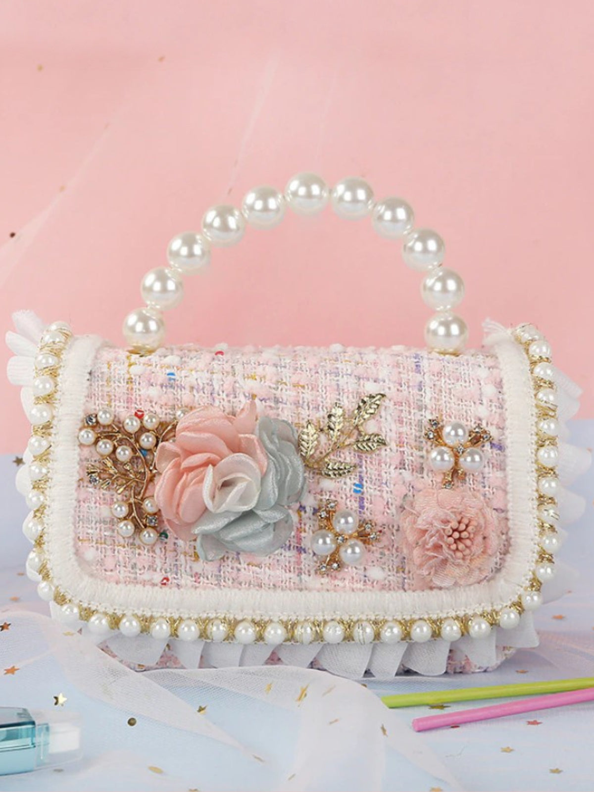 Mia Belle Girls Pearl-Embellished Tweed Bag | Girls Accessories