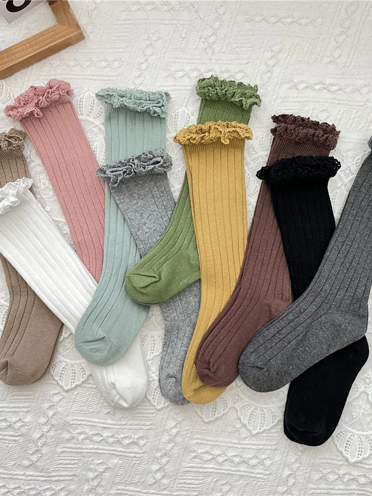 Little girls cable-knit ribbed knee-high socks with eyelet ruffle trim - Mia Belle Girls
