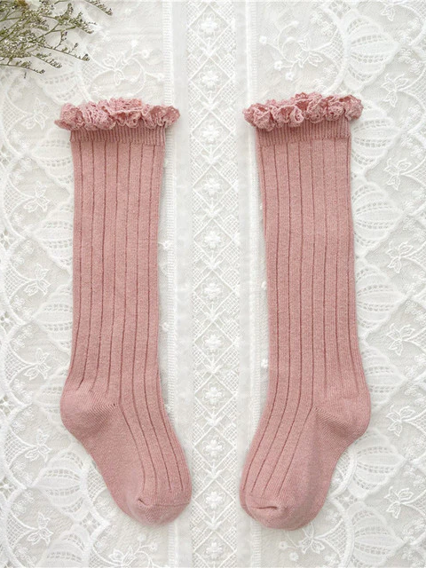 Little girls cable-knit ribbed knee-high socks with eyelet ruffle trim - Mia Belle Girls