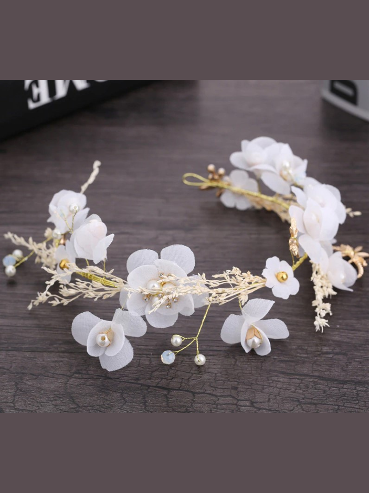 Girls Formal Accessories | White Flower Romantic Pearl Golden Headband