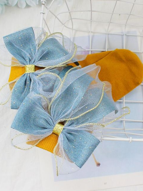 Little girls dressy cotton knee-high socks with a large sequin tulle bow trimmed in gold in back - Mia Belle Girls