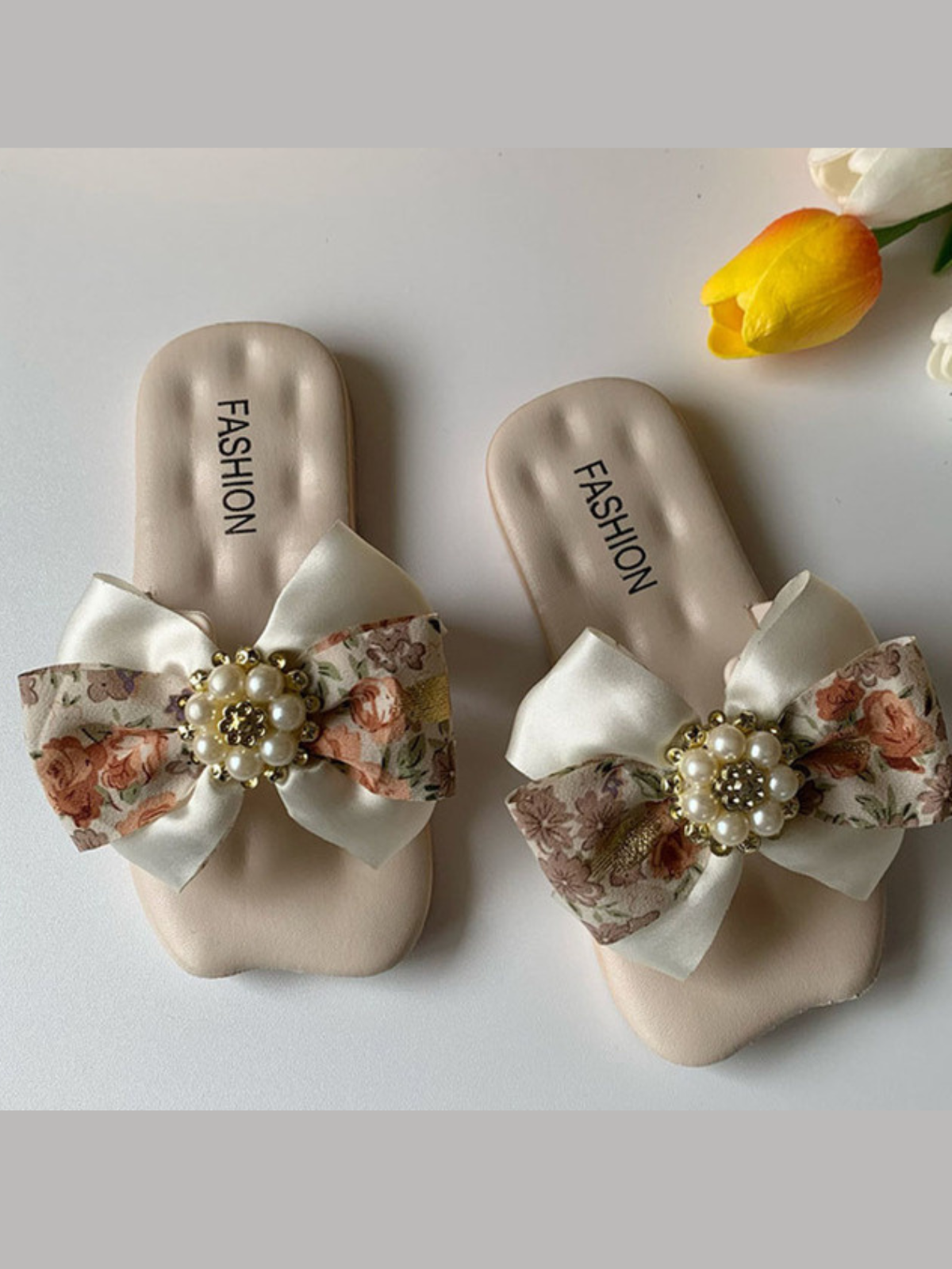 Shoes By Liv & Mia | Girls Pearled Floral Bow Slippers | Kids Shoes