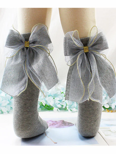Little girls dressy cotton knee-high socks with a large sequin tulle bow trimmed in gold in back - Mia Belle Girls