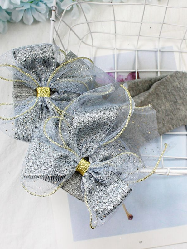 Little girls dressy cotton knee-high socks with a large sequin tulle bow trimmed in gold in back - Mia Belle Girls