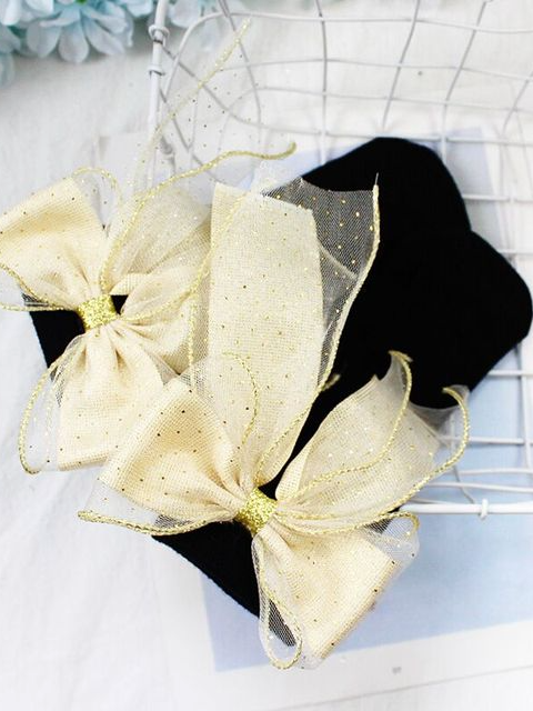 Little girls dressy cotton knee-high socks with a large sequin tulle bow trimmed in gold in back - Mia Belle Girls