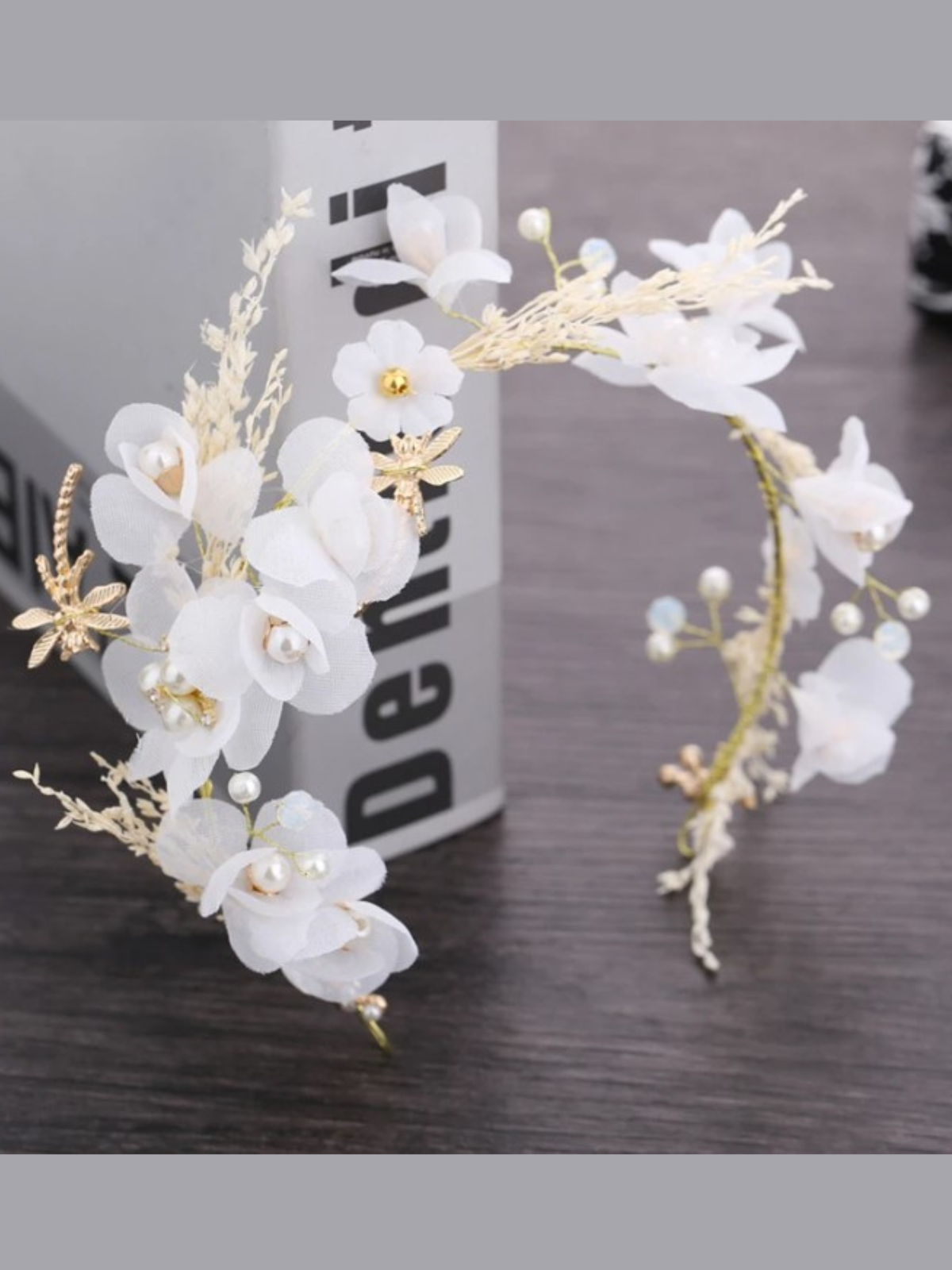 Girls Formal Accessories | White Flower Romantic Pearl Golden Headband