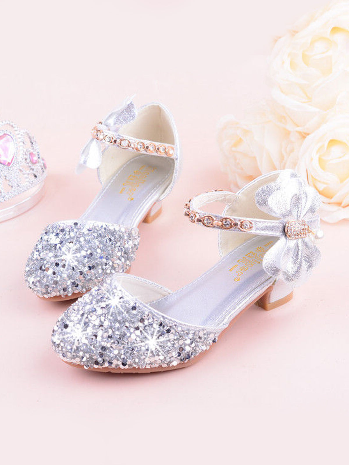 Girls Sparkle Bow Embellished Ankle Strap Princess Shoes