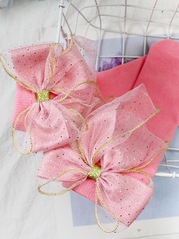 Little girls dressy cotton knee-high socks with a large sequin tulle bow trimmed in gold in back - Mia Belle Girls