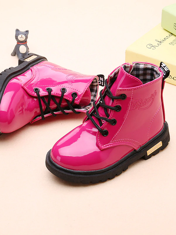 Shoes By Liv & Mia | Pink Patent Vegan Leather Lace-Up Boots