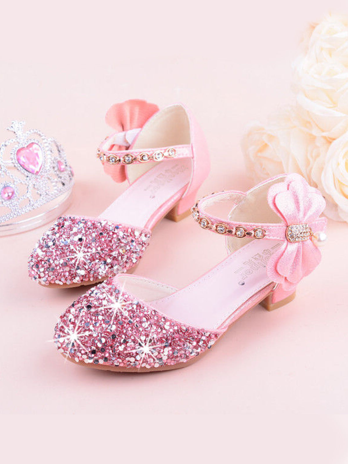 Girls Sparkle Bow Embellished Ankle Strap Princess Shoes