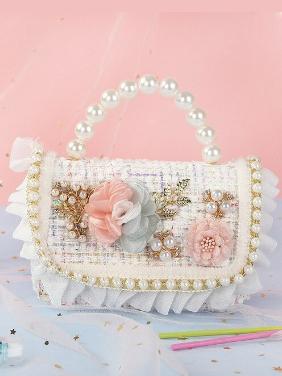 Mia Belle Girls Pearl-Embellished Tweed Bag | Girls Accessories