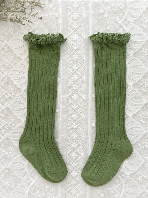 Little girls cable-knit ribbed knee-high socks with eyelet ruffle trim - Mia Belle Girls