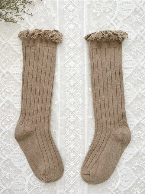 Little girls cable-knit ribbed knee-high socks with eyelet ruffle trim - Mia Belle Girls