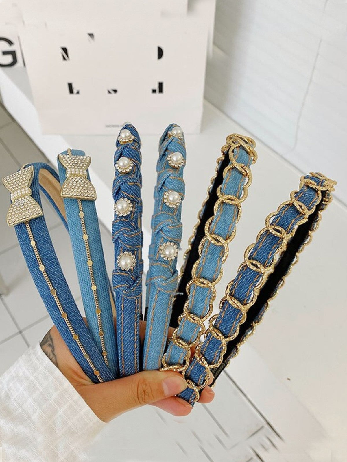 Kids Clothing Accessories | Girls Rhinestone Pearl Denim Headband