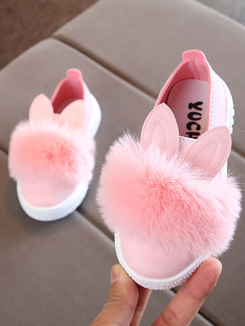 Girls Bunny Ear Faux Fur Slip-On Loafers By Liv and Mia - Pink