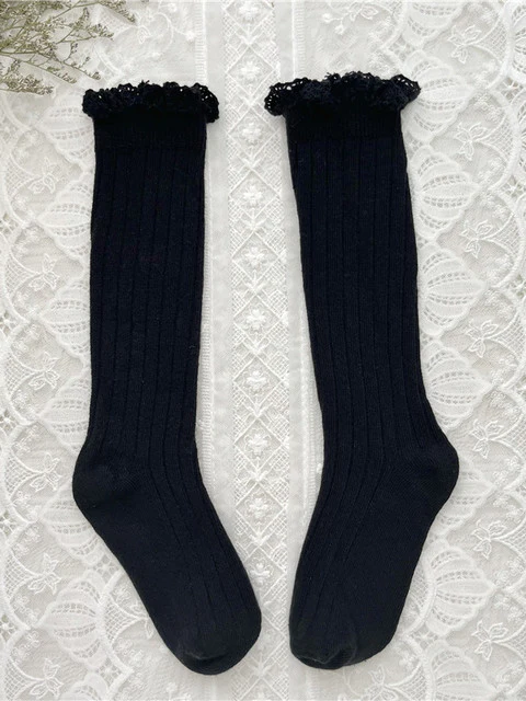 Little girls cable-knit ribbed knee-high socks with eyelet ruffle trim - Mia Belle Girls