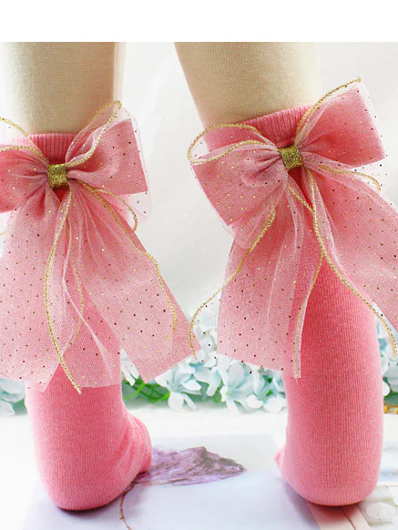 Little girls dressy cotton knee-high socks with a large sequin tulle bow trimmed in gold in back - Mia Belle Girls