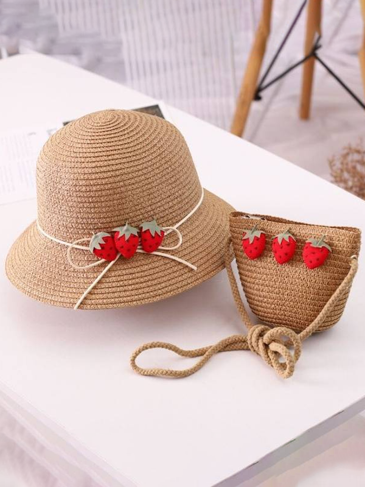 Girls Strawberry Straw Hat with Matching Purse