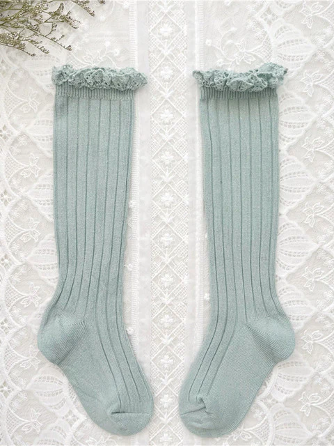Little girls cable-knit ribbed knee-high socks with eyelet ruffle trim - Mia Belle Girls