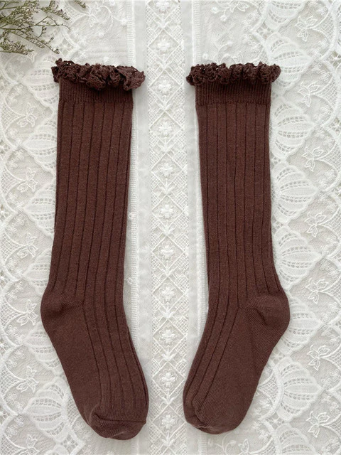 Little girls cable-knit ribbed knee-high socks with eyelet ruffle trim - Mia Belle Girls