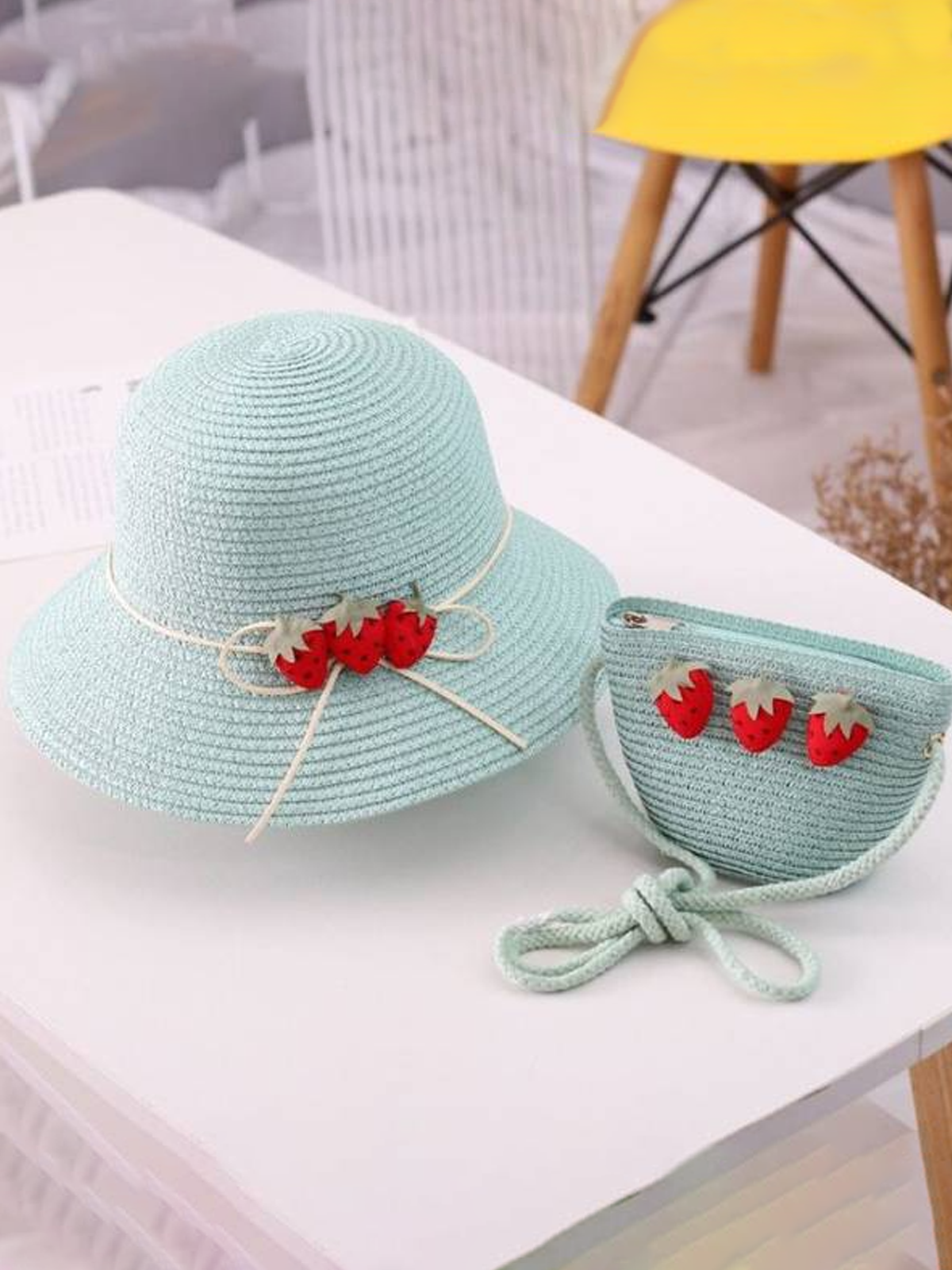 Girls Strawberry Straw Hat with Matching Purse