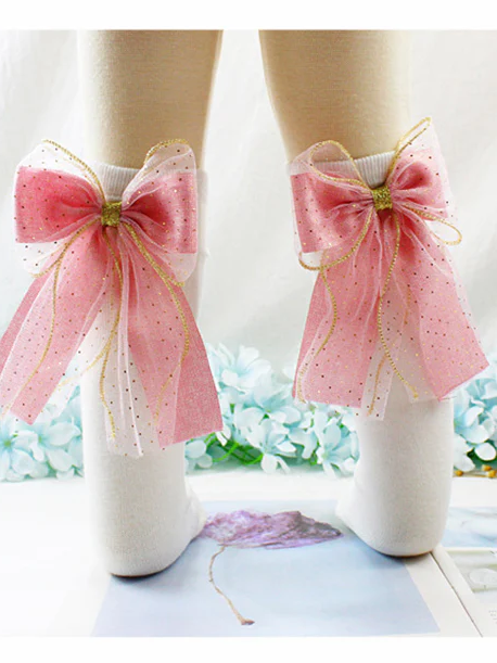 Little girls dressy cotton knee-high socks with a large sequin tulle bow trimmed in gold in back - Mia Belle Girls