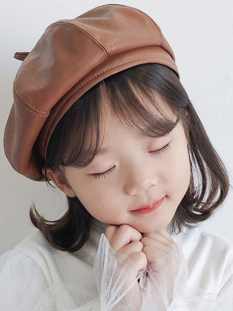 Girls Vegan Leather Bonnet Cap Brown On Head