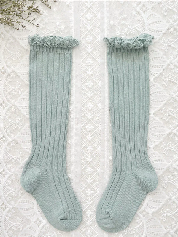 Little girls cable-knit ribbed knee-high socks with eyelet ruffle trim - Mia Belle Girls