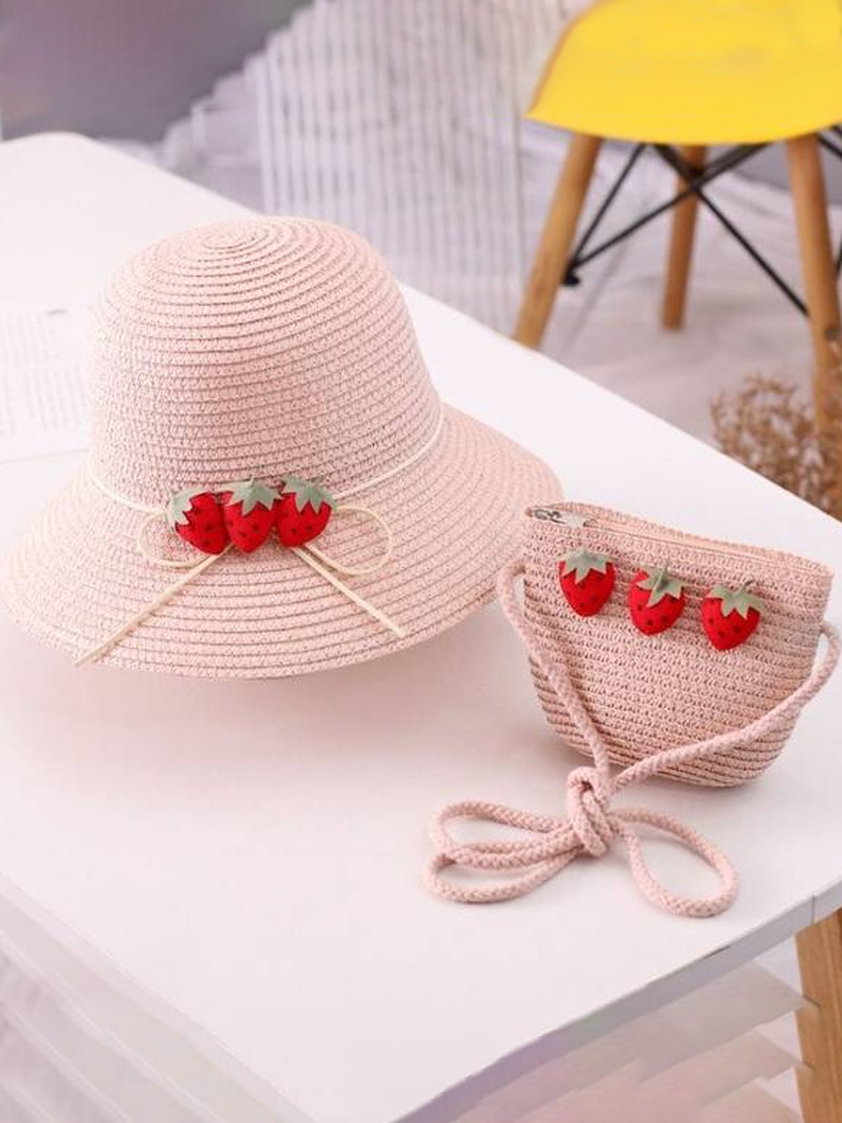 Girls Strawberry Straw Hat with Matching Purse