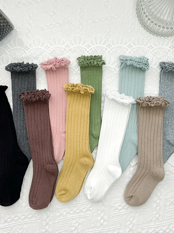 Little girls cable-knit ribbed knee-high socks with eyelet ruffle trim - Mia Belle Girls