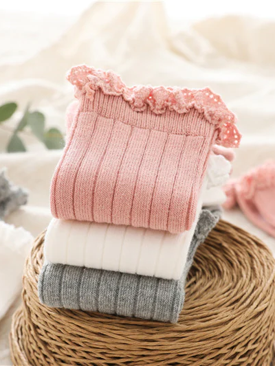 Little girls cable-knit ribbed knee-high socks with eyelet ruffle trim - Mia Belle Girls